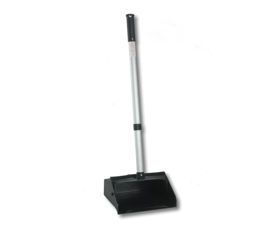 A black dustpan with a long silver handle and black grip, designed for easy cleaning and waste collection. O'Dell® Silver/Black Plastic Dust Pans (12 in., 6/Case)